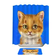 Handsome Ginger Cat over Blue Shower Curtain