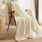 Geniospin Fleece Throw Blanket, 280GSM Extra Soft Lightweight Blanket with Strip, Plush Fuzzy Cozy Blankets and Throws for Couch, Bed, Sofa Cozy, Warm and Breathable (Ivory, 50x60 inches)