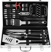 POLIGO 26PC Exclusive BBQ Grill Accessories in Aluminum Case - Premium Grill Utensils Set with Barbecue Claws, Meat Injector, Thermometer for Smoker, Camping BBQ