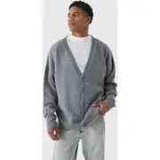 Mens Grey Brushed Knit Oversized Drop Shoulder Cardigan