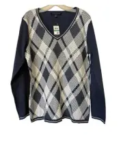 Tommy Hilfiger Women’s Blue Argyle V Neck Long Sleeve Sweater Large NWT