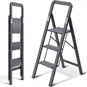 3 Step Ladder w/ Handrail, Non-Slip, Folding Safety, 150kg Load, Black