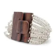 Clear Translucent BALI Bracelet Hardwood Buckle 14 Elastic Strands Glass Beads