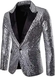 [Generic] Men's Sequins Suit Jacket Shiny Sparkly One Button Blazer Glitter Clothes Party Tuxedo Wedding Prom Festival Costume, C-silver, Medium