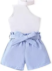 [LKALPSQ] Toddler Kid Girl Asymmetrical Neck Sleeveless Tank Top and Paperbag Waist Belted Girl's 2 Piece Outfit Set