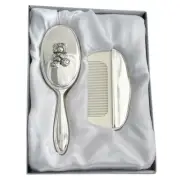 2Pce Silver Plated Newborn Teddy Bear Brush & Comb Set Christening Keepsake