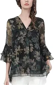[Generic] Retro Floral Chiffon Blouse Flared Sleeve V-Neck Printed Shirt Spring Summer Casual Work Tops