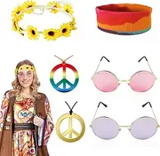 Hippie Accessories 60 70s Hippie Costume Accessories 8 Pieces Fancy Dress Pair Hippie Set Women Men Glasses Peace Necklace Batik Headband Hippie Retro Disco Flower Power for Theme Party Fancy Dress