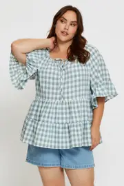 Check Peplum Top Short Sleeve