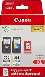 [Canon] Ink & Paper Multipack - PG-560XL/CL-561XL Genuine Printer Ink Cartridges 2 Pack (1 x Black XL, 1 x Colour XL) & 4x6 Photo Paper (50 x Sheets) - Compatible with PIXMA TS Series