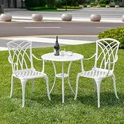 [PATIO-IN] Patio Bistro Set 3 Piece with Umbrella Hole, Outdoor Bistro Table and Chairs Set of 2, Patio Bistro Set 3 Piece White, Cast Aluminum Furniture for Park Yard Front Porch