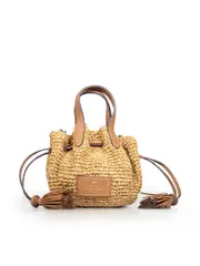 Brown Raffia Drawstring Mini Bag