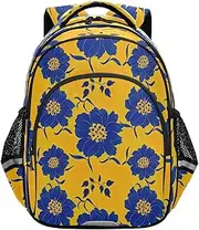 [RPLIFE] Elegant Dark Blue Flowers Yellow Kids Backpack for Girls Boys Ages 6-8, Backpack Elementary School, 15 Inch Cool Bookbags for Boy
