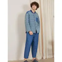 在飛比找ETMall東森購物網優惠-男牛仔藍格紋棒球領夾棉套裝睡衣