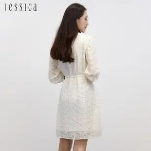 【JESSICA】高雅寬鬆綁帶拼色立領長袖蕾絲洋裝233370
