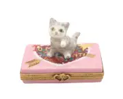 Cute Tiger Striped Tabby Kitty Cat on Valentines Box French Limoges Trinket Box