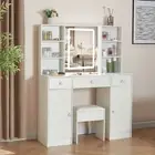 Modern Makeup Desk Dressing Table Stool Set with Hollywood LED Mirror 3 Drawers