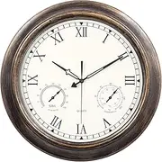 MECOSEN 18 Inch Outdoor Clocks Waterproof, Vintage Silent Battery Operated Wall Clock with Thermometer and Humidity Combo - Large Metal Clock for Patio, Deck, Pool & Garden - Bronze Roman Numeral