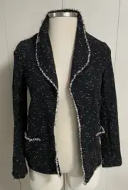 Max Studio Womens Jacket Open Front Pockets Fringe Marled Black Size S NWT $148