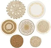 7 Pcs Wall Basket Boho Wall Decor Hanging Woven Wall Basket Decorative Round Woven Wicker Rattan Wall Art Handcrafted Seagrass Baskets Round Woven Hanging Art for Room Bedroom Living Room