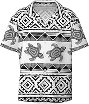 [VPPUR] Ethnic Turtle Striped Print Fashion Short Sleeve Button Down Cuban Collar Shirt Left Chest Convenient Pocket
