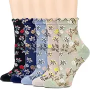 bropapa Womens Ruffle Socks Cute Floral Socks Vintage Patterned Ankle Crew Casual Fashion Lettuce Dress Socks 5 Pack