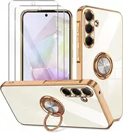 [Buoefivn] for Samsung Galaxy A35 5G Case with Screen Protector, Plating Rose Gold Edge,Slim Shockproof Soft TPU,Built-in 360°Rotation Ring Holder Magnetic Stand,Cover for Samsung Galaxy A35 (White)