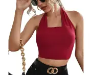 Women Short Vest Wine Red Halter Neck Backless Ribbed Knit Sleeveless Tank Top For Female Wine Red M