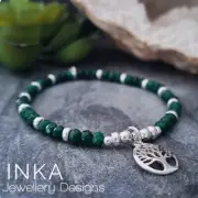 INKA Sterling Silver & Deep Green Agate bracelet with a TREE OF LIFE Charm
