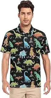 [ZZXXB] Dinosaur Volcano Print Men's Polo Shirts Short Sleeve Quick Dry Athletic Outdoor Sports Golf Shirts S-XXL