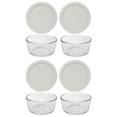 Pyrex (4) 7201 4-Cup Glass Bowls and (4) 7201-PC Sleek Silver Lids - Made in USA
