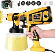 Paint Gun, 650 W HVLP Electric Paint Gun, 4 Copper Nozzles and 3 Patterns, 1400 ml Tank, for Indoor and Outdoor Home, Cabinets, Fences, Ceilings (Yellow)