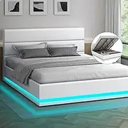 ALFORDSON Gas Lift Storage Bed Frame Base with Headboard & LED Light Bertold Series, Mattress Topper Platform Foundation with PU Leather Upholstery, 350kg Capacity, King, White Colour