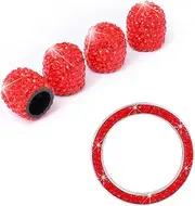 JECOMPRIS Rhinestone Tire Dust Caps Ignition Button Ring Set Auto Stem Cap Decoration for Car Start Key Sparkling Red Accessories for Luxurious Look
