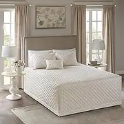 Madison Park Breanna 100% Cotton Fitted Bedspread Classic Traditional Design All Season, Lightweight, Bedding Set, Matching Shams, Queen(60" x80+24D), Diamond Quilted Ivory 4 Piece