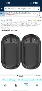 SECHKISS Hand Warmers Rechargeable 2-Pack 5000mAh Reusable Portable 2 in 1 Black