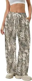 [MSBESYOR] Camo Pants Women Baggy Fleece Y2K Camouflage Cargo Pants High Waisted Wide Leg Drawstring Jogger Sweatpants, 01- Khaki Green, Small
