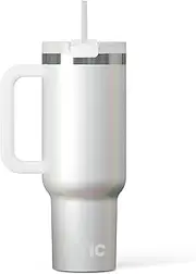 RTIC 40 oz Road Trip Tumbler Double-Walled Insulated Stainless Steel Portable Travel Coffee Mug Cup with Lid, Handle and Straw, White Glitter