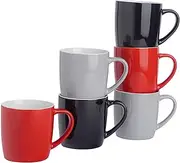 Argon Tableware Coloured Coffee Mugs - Red/Black/Grey - 350ml - Pack of 6 - Gloss Ceramic Stoneware Latte Cappuccino Cups Hot Chocolate Cups Colourful Mug Set with Handle