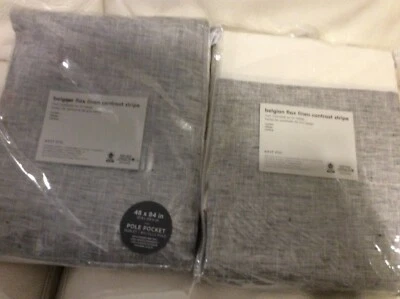 West Elm 2 Belgian Linen Contrast Stripe Curtains 48x84 Stone White & Slate Gray