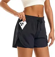 [APWKL] Women's 2 in 1 Athletic Running Shorts High Waisted Workout Casual Gym Sweat Shorts Mesh Comfy Liner Zipper Pockets