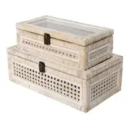 Rattan and Cane Stacking Boxes with Glass Top Lid - Set of 2 11.8" and 14.1",