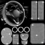 Labymos 11-Piece Car Accessories Set Rhinestones Steering Wheel Cover/Bling Gear Shifter Cover/Handbrake Cover/Seatbelt Cover/Push-Button Starter Trim Rings/Cup Coasters/Armrest Pad for Car Interior D