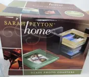 Sarah Peyton Set of 4 Solid Glass Photo Picture Drink Coasters Wood Holder NEW