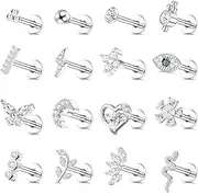 [Kakonia] 16Pcs 16G Cartilage Tragus Stud Earrings For Women Men Surgical Steel Internally Threaded CZ Moon Heart Evil Eye FlatBack Nose Labret Monroe Medusa Piercing Stud Tragus Helix Piercing