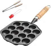 1 Set Takoyaki Pan with Hanging Handle, 14 Holes Nonstick Maker with Fork & Oil Brush, for Poffertjes Pancake Balls