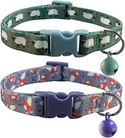 2 Pack Breakaway Cat Collar, Kitten Collar with Bells, Safety Pet Collars, Cute Kitty Collar, Premium Collar for Cat (Sheep & Fox)
