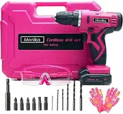 [Monika] 12V Pink Lithium Cordless Drill Bit Set Kits Screw Bits Sockets 18+1 Torque Setting, LED Light, Electric Power Drill Driver for Home, Office DIY and Wall Drilling, Wood, Metal W/Battery