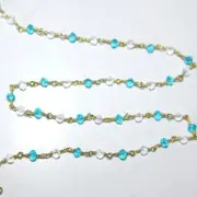 24K Gold Blue Topaz & Clear Quartz Rosary Chain - 3mm Faceted Gemstone Beads