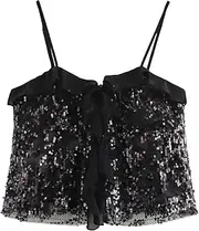 [Generic] Women's Sequined Camisole Casual Chic Square Neck Solid Color Slim Backless Tank Top